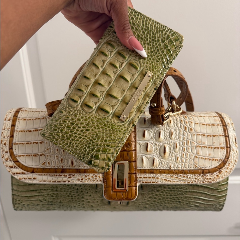 Brahmin Green and Cream Crocodile Embossed Bag
